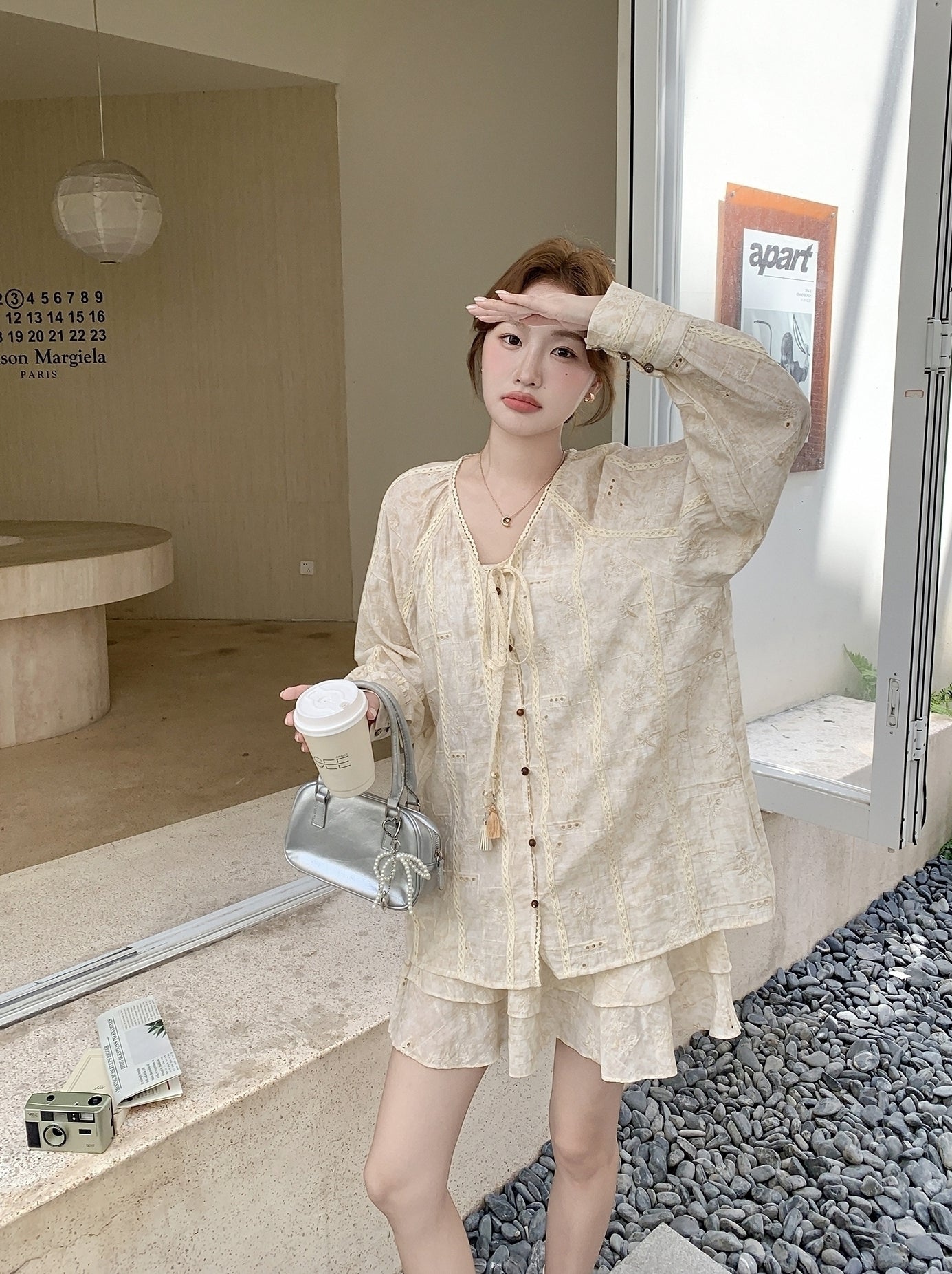 Beige Tie Dye Embroidered Shirt And Skirt Set