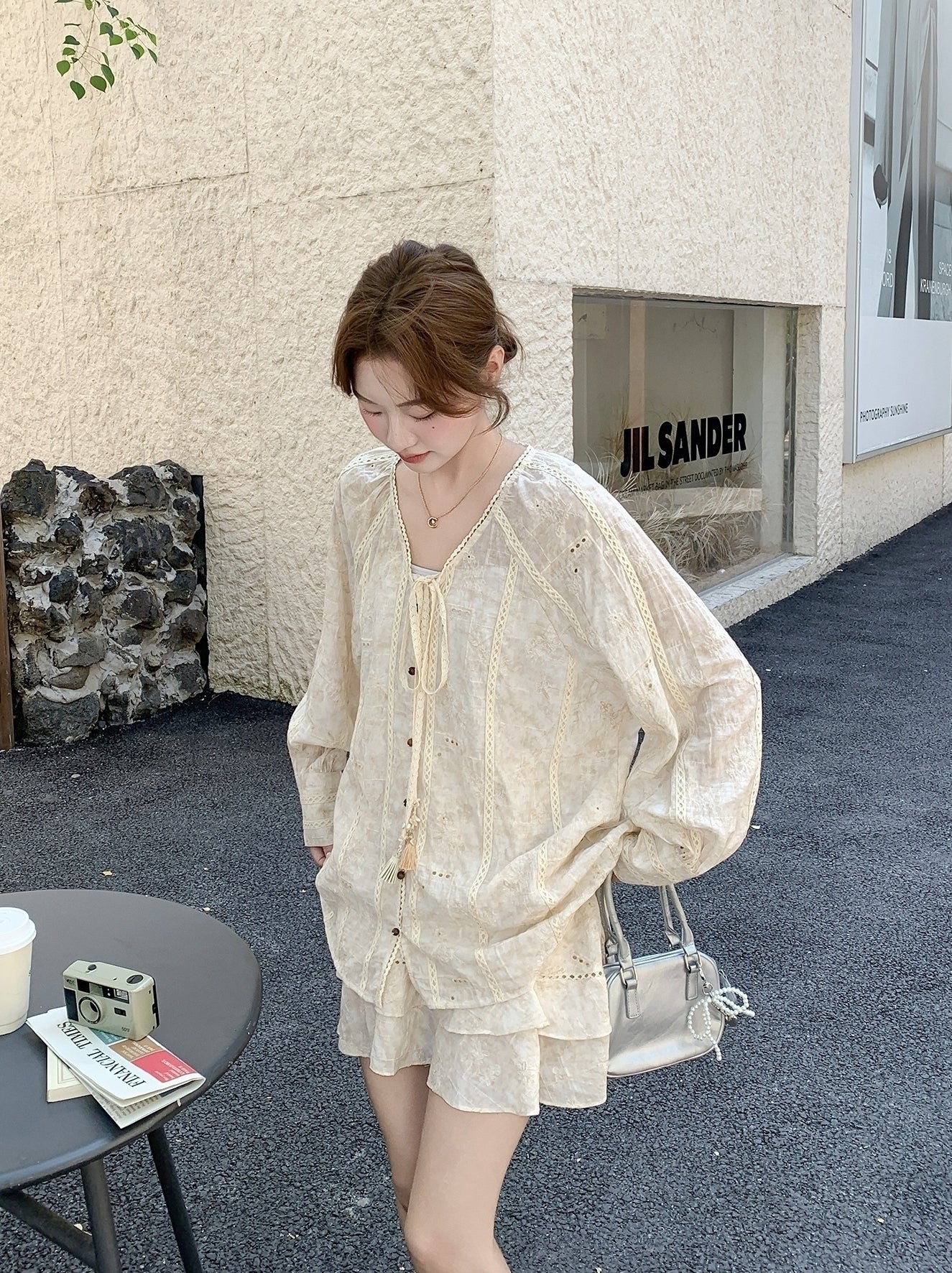 Beige Tie Dye Embroidered Shirt And Skirt Set