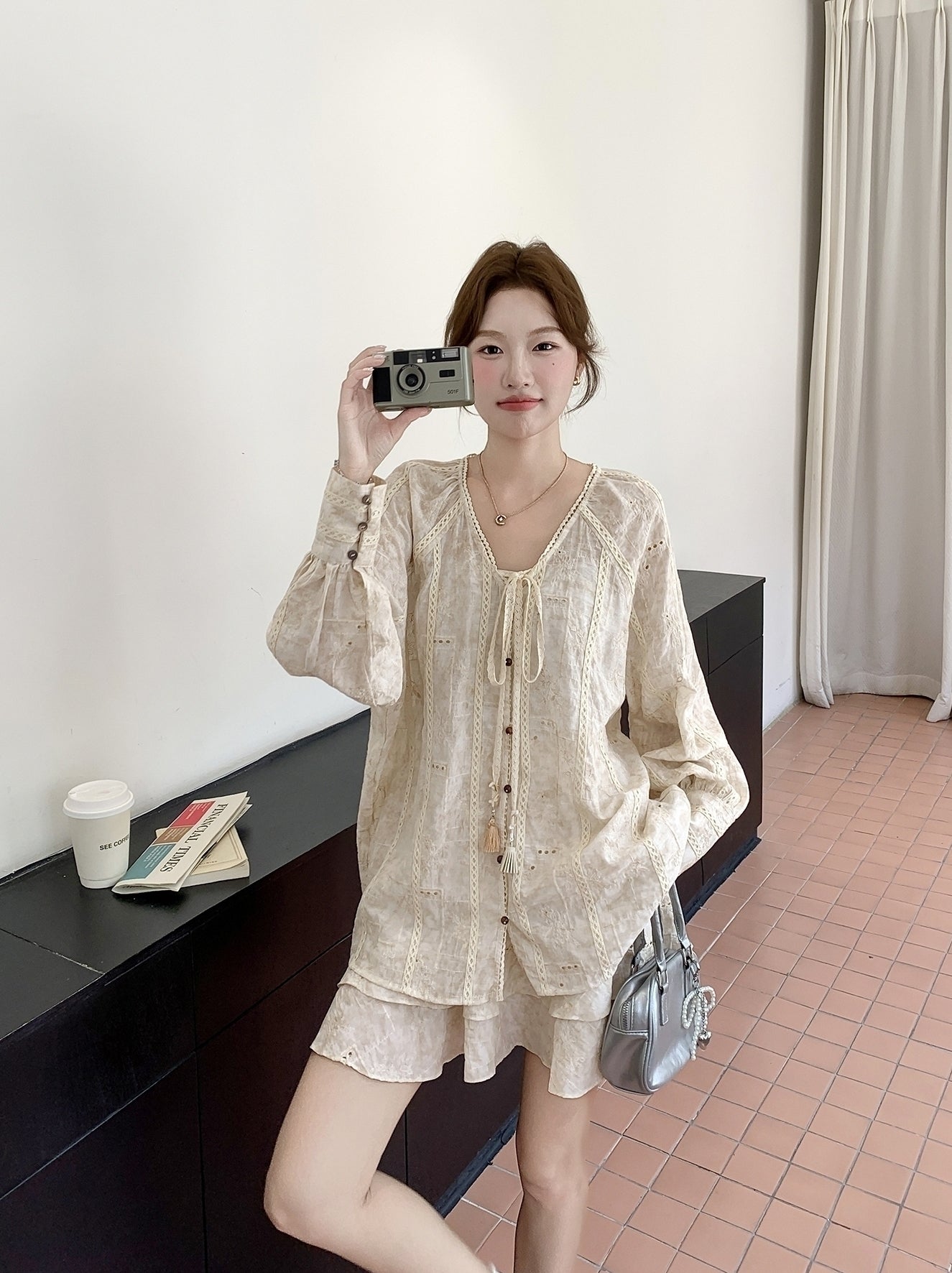Beige Tie Dye Embroidered Shirt And Skirt Set