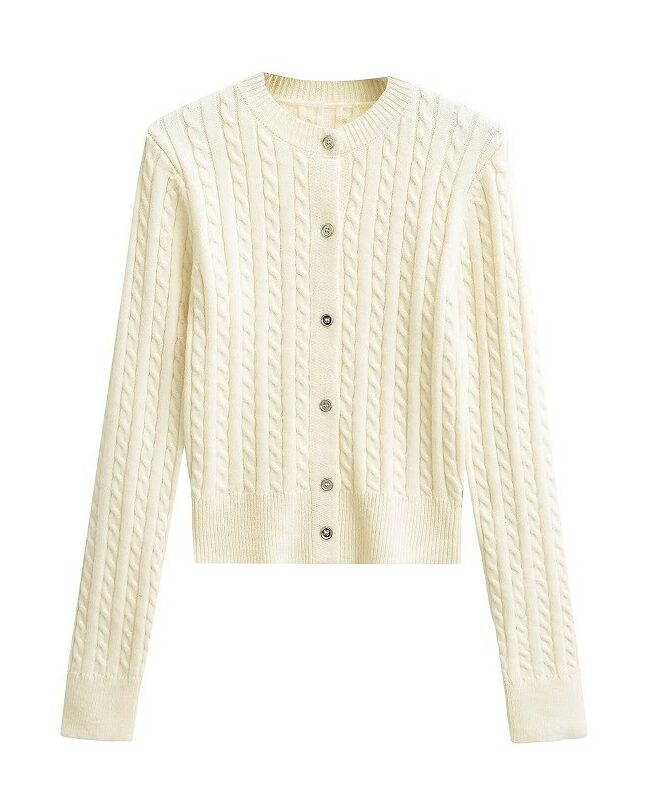 Beige Twist Knit Button-Up Cardigan