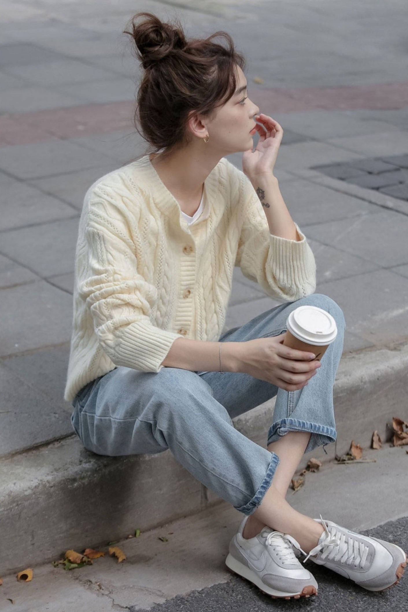 Beige Twist Pattern Button-Down Cardigan