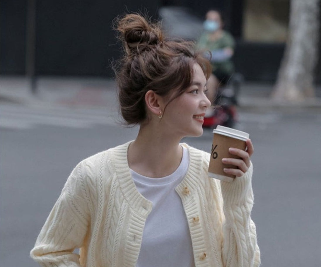 Beige Twist Pattern Button-Down Cardigan