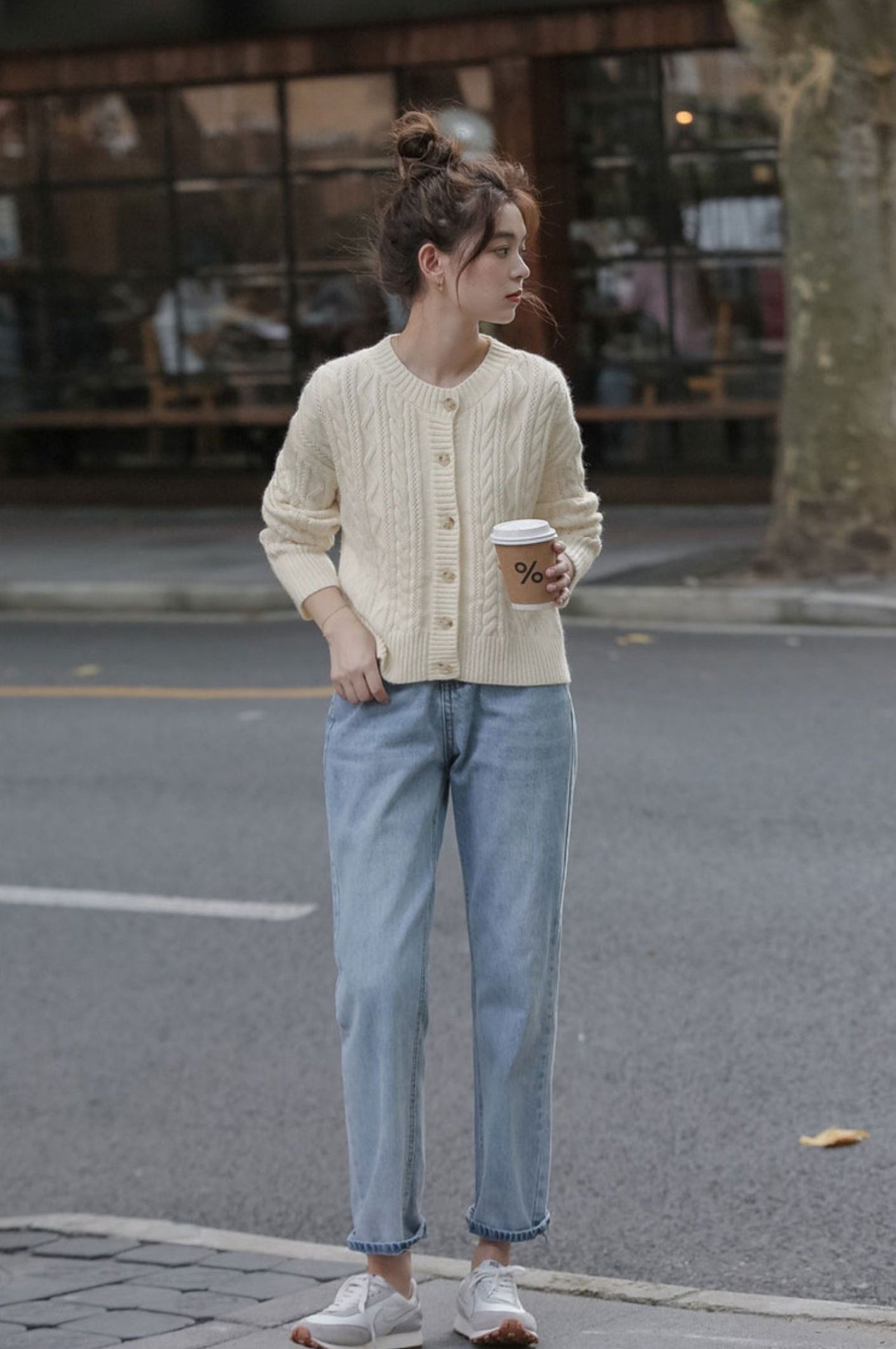 Beige Twist Pattern Button-Down Cardigan