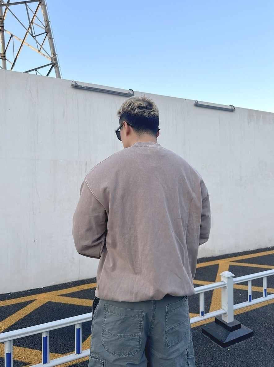 Beige Vintage-Wash Drop-Shoulder Sweatshirt