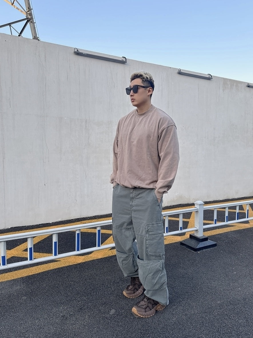 Beige Vintage-Wash Drop-Shoulder Sweatshirt