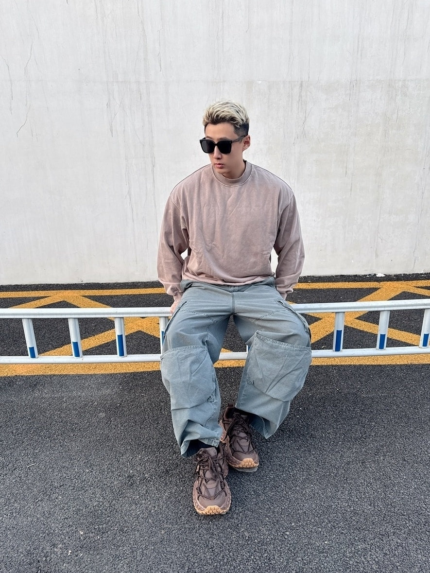 Beige Vintage-Wash Drop-Shoulder Sweatshirt
