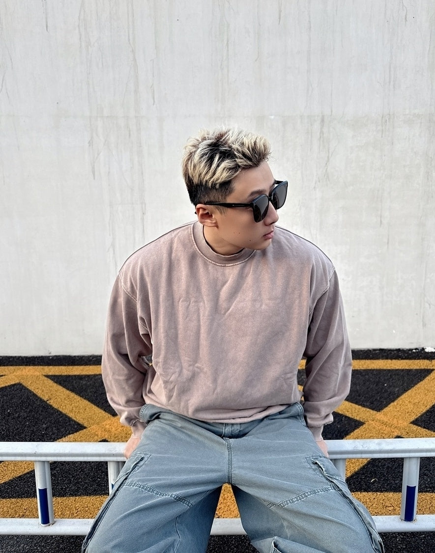 Beige Vintage-Wash Drop-Shoulder Sweatshirt