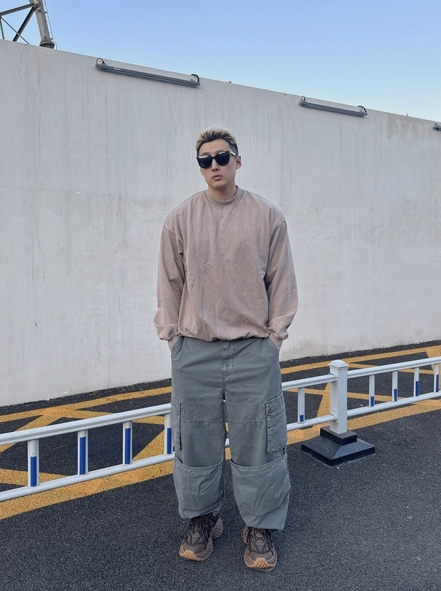 Beige Vintage-Wash Drop-Shoulder Sweatshirt