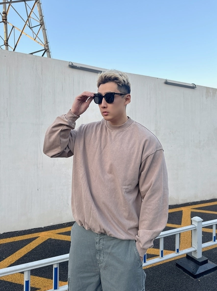 Beige Vintage-Wash Drop-Shoulder Sweatshirt