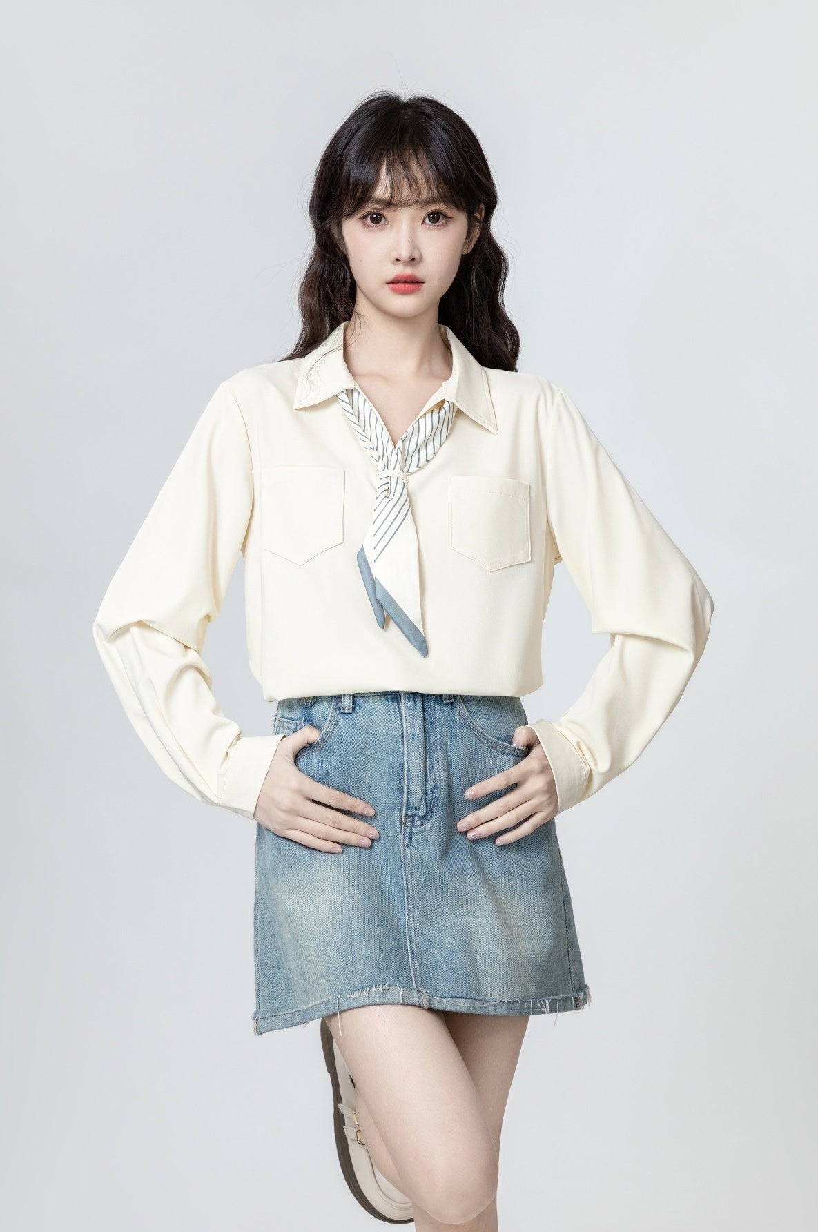 Beige Vneck Long Sleeve Blouse