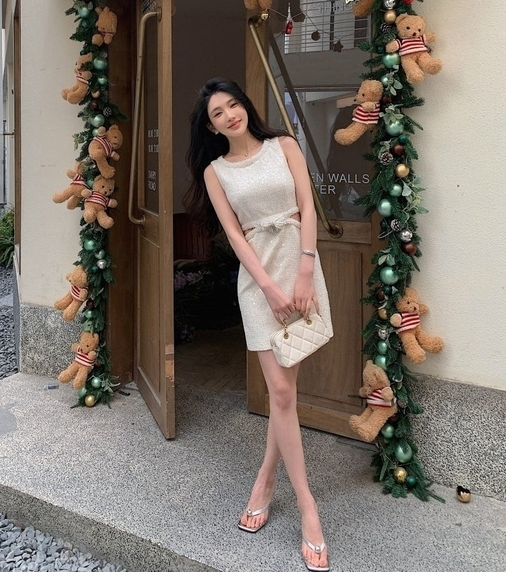 Beige Waist Cut-Out Sparkly Dress