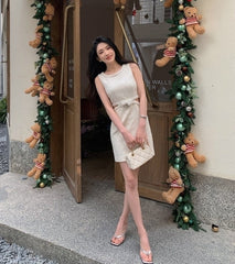 Beige Waist Cut-Out Sparkly Dress