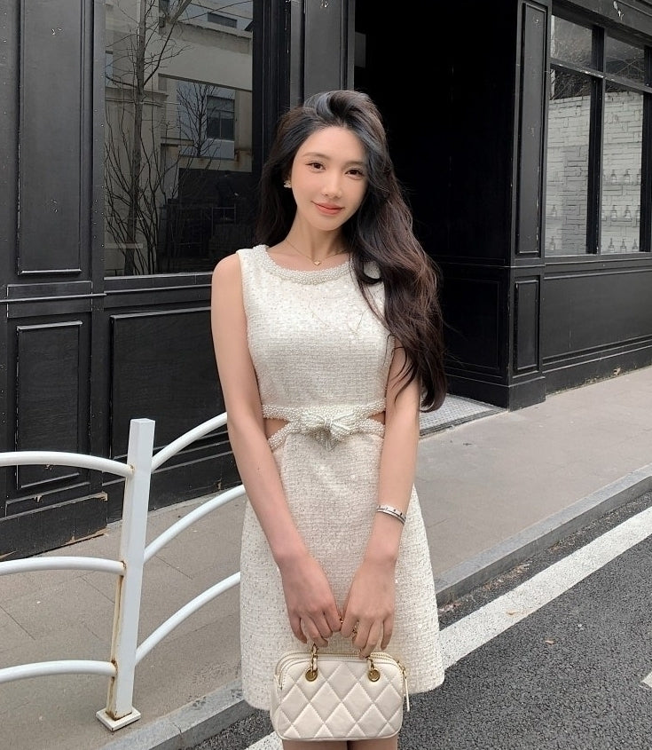 Beige Waist Cut-Out Sparkly Dress