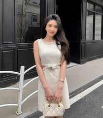 Beige Waist Cut-Out Sparkly Dress