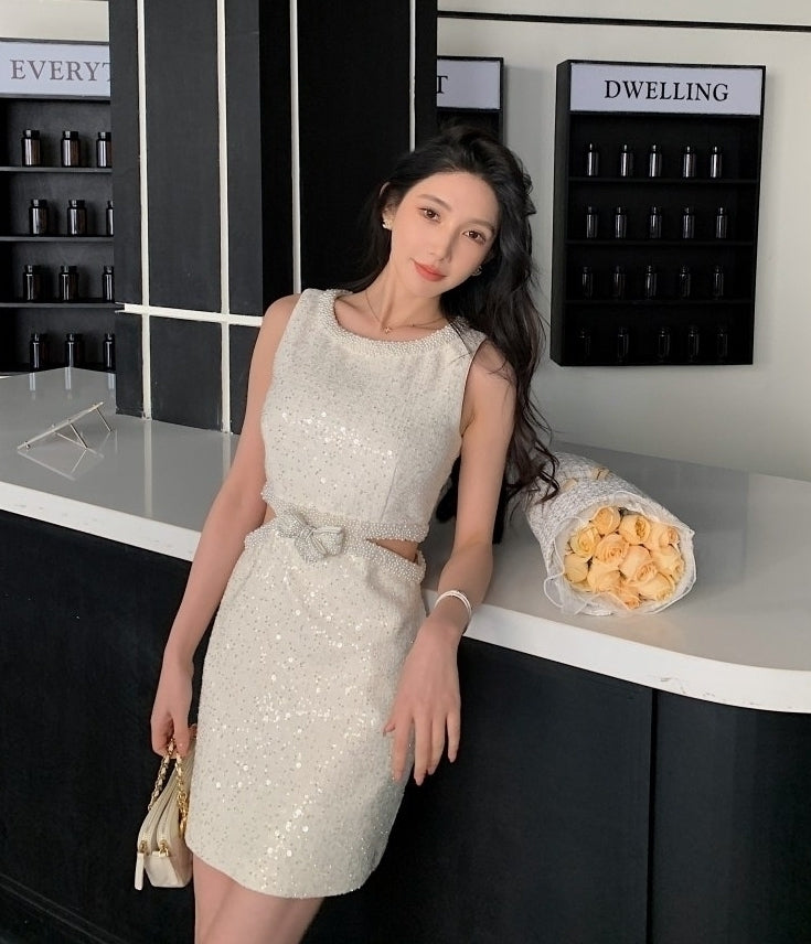 Beige Waist Cut-Out Sparkly Dress