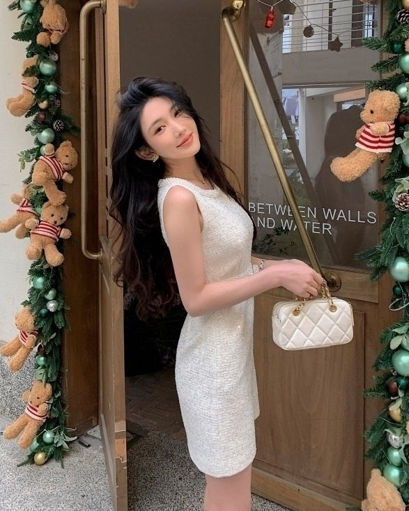 Beige Waist Cut-Out Sparkly Dress