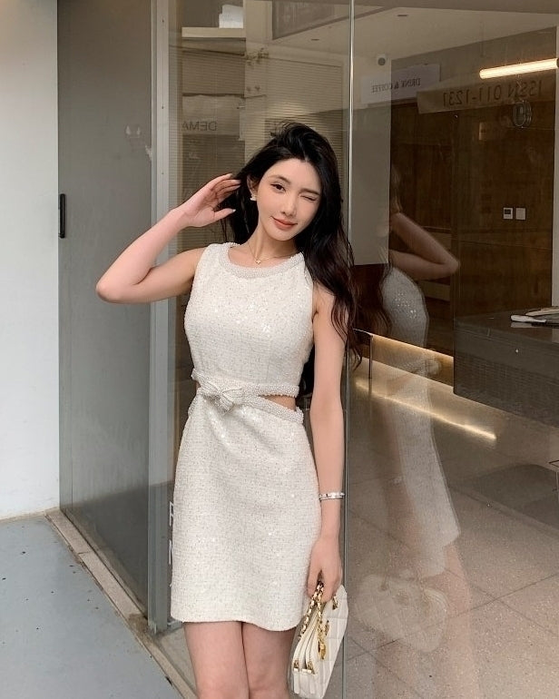 Beige Waist Cut-Out Sparkly Dress