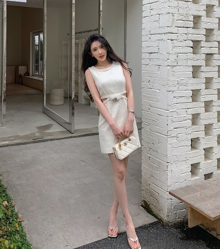 Beige Waist Cut-Out Sparkly Dress