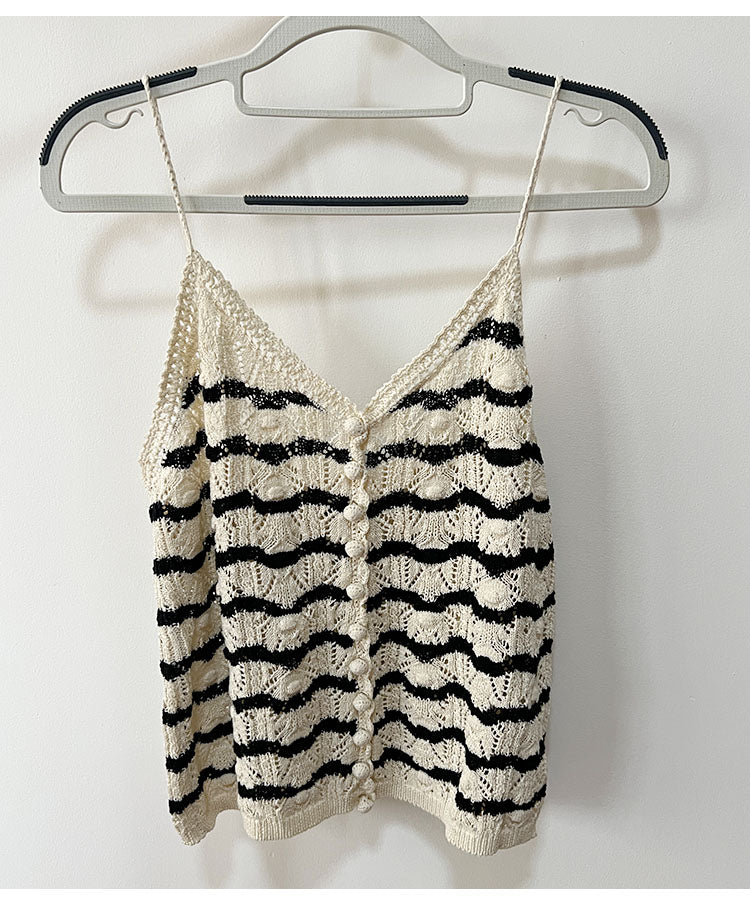 Beige Wavy Stripe Crochet Button Top