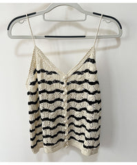 Beige Wavy Stripe Crochet Button Top