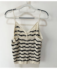 Beige Wavy Stripe Crochet Button Top