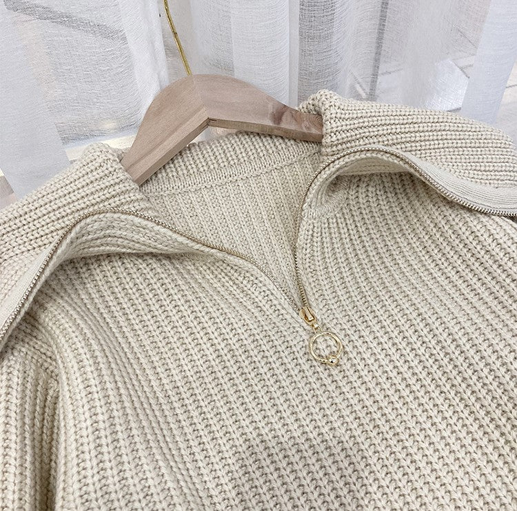 Beige Wide Collared Sweater With Zipper