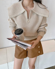 Beige Wide Collared Sweater With Zipper