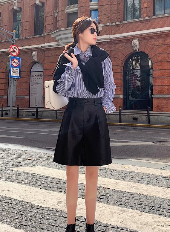 Black Faux Leather Mid-Length Shorts