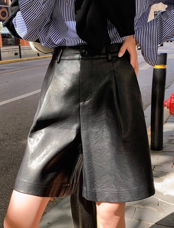 Black Faux Leather Mid-Length Shorts