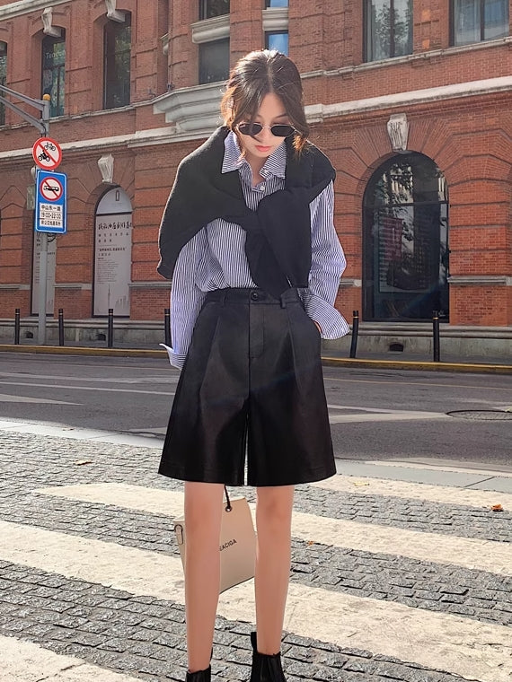 Black Faux Leather Mid-Length Shorts