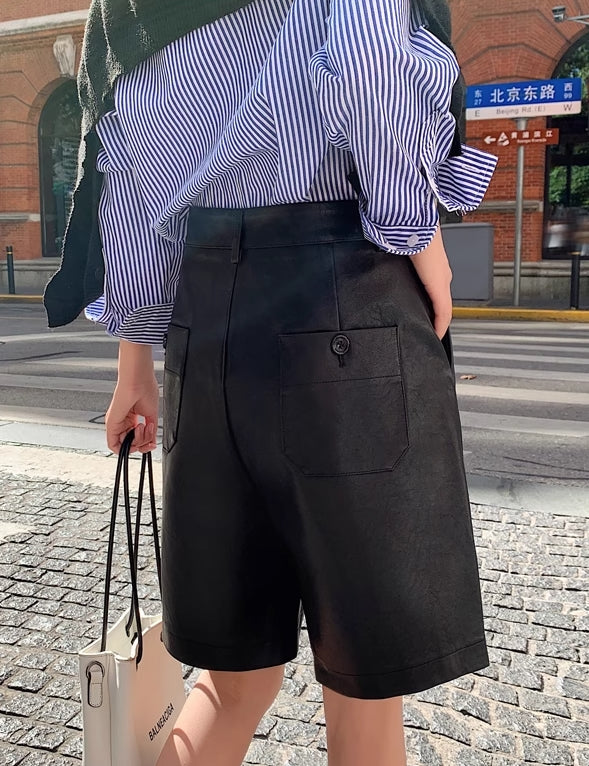 Black Faux Leather Mid-Length Shorts
