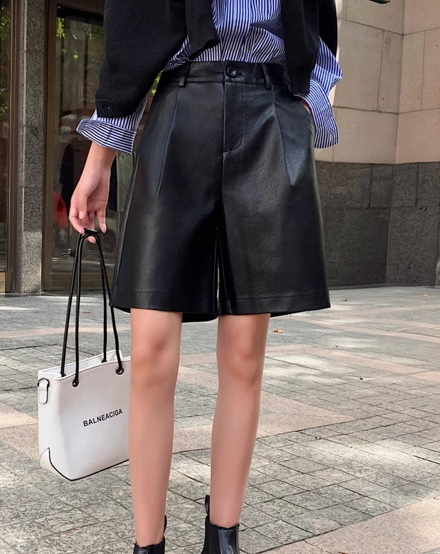 Black Faux Leather Mid-Length Shorts