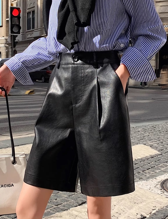 Black Faux Leather Mid-Length Shorts