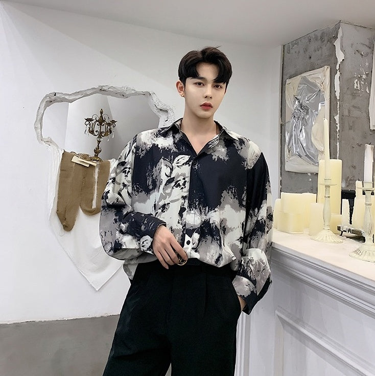 Black Abstract Print Button-Down Shirt