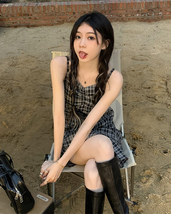 Black And White Checkered Sling Dress