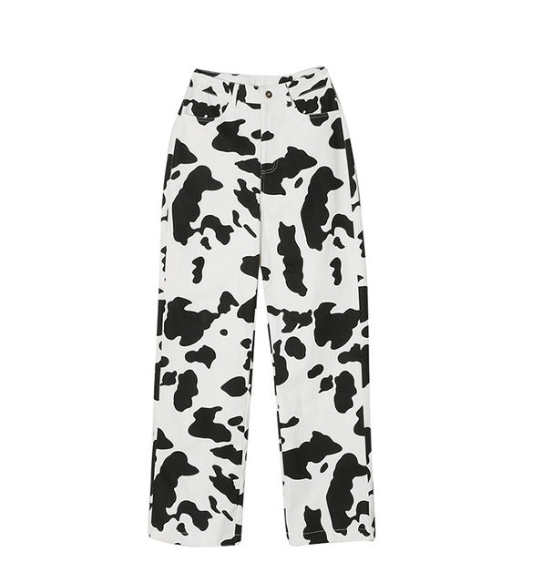 Black And White Cow Print High Waist Pants