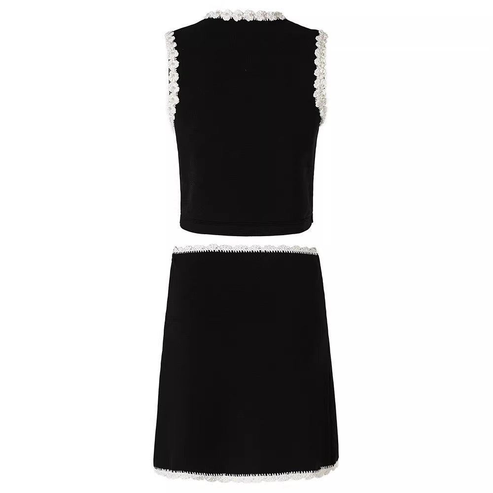 Black And White Flowers Lining Top And Skirt Set