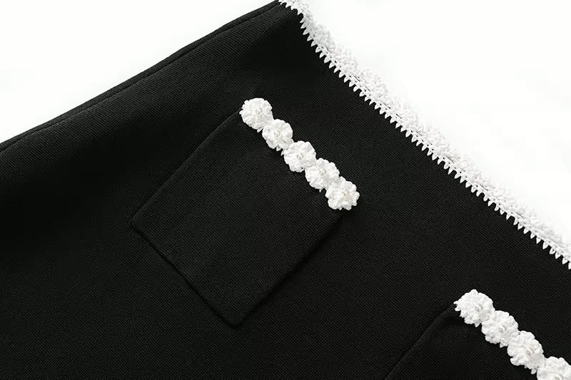 Black And White Flowers Lining Top And Skirt Set