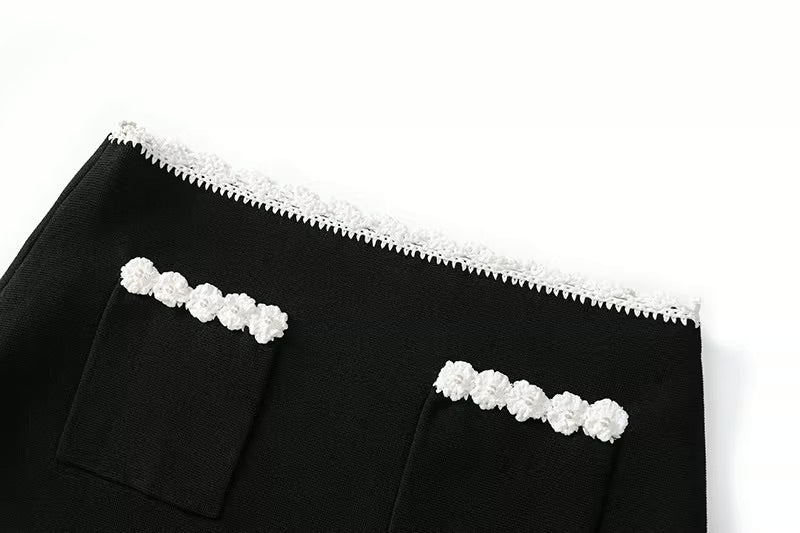 Black And White Flowers Lining Top And Skirt Set