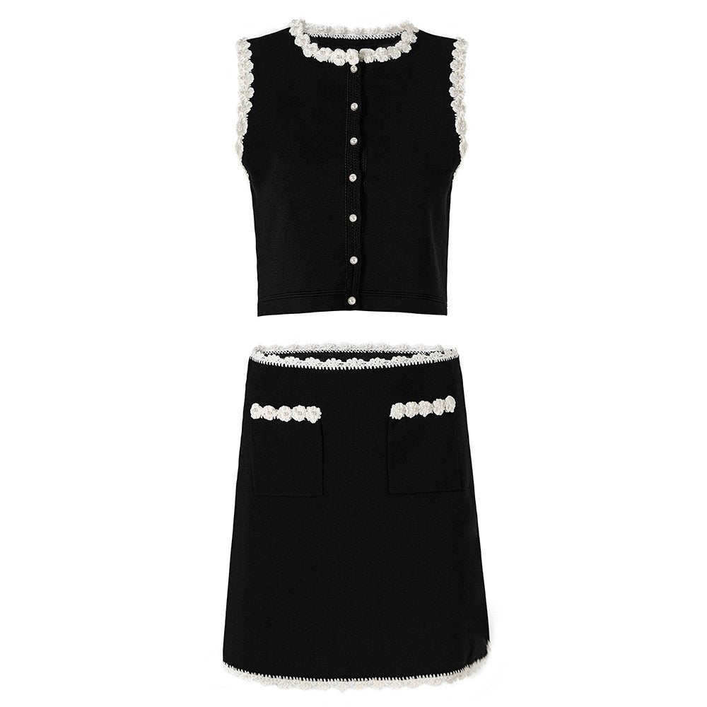 Black And White Flowers Lining Top And Skirt Set