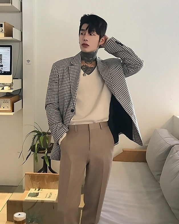 Black And White Micro Checkered Pattern Blazer Jacket