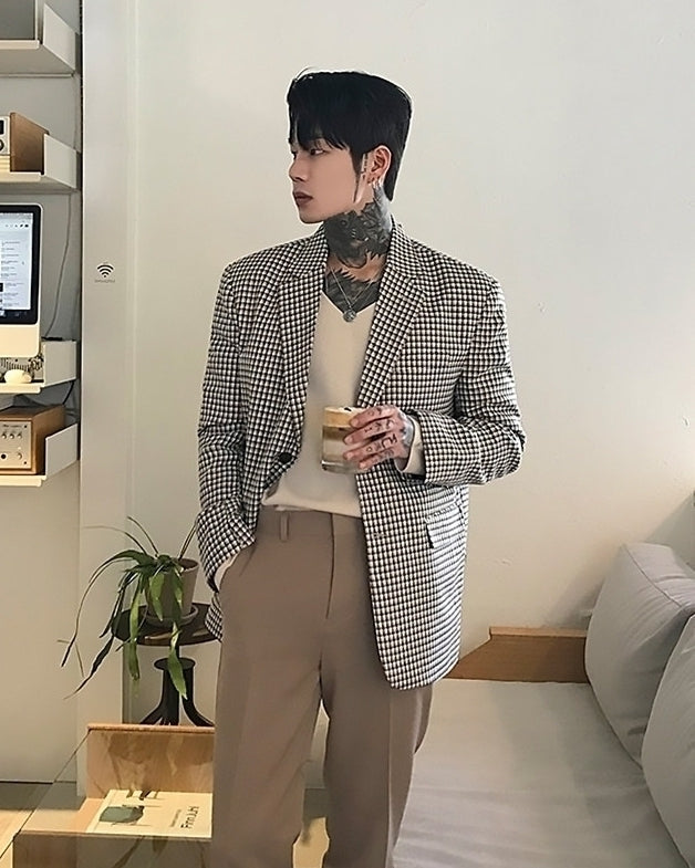Black And White Micro Checkered Pattern Blazer Jacket