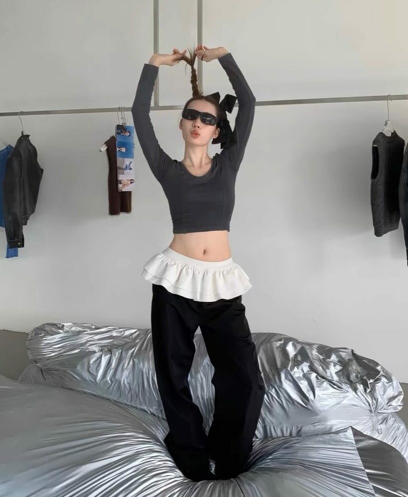Black And White Overlay Skirt Wide Leg Pants