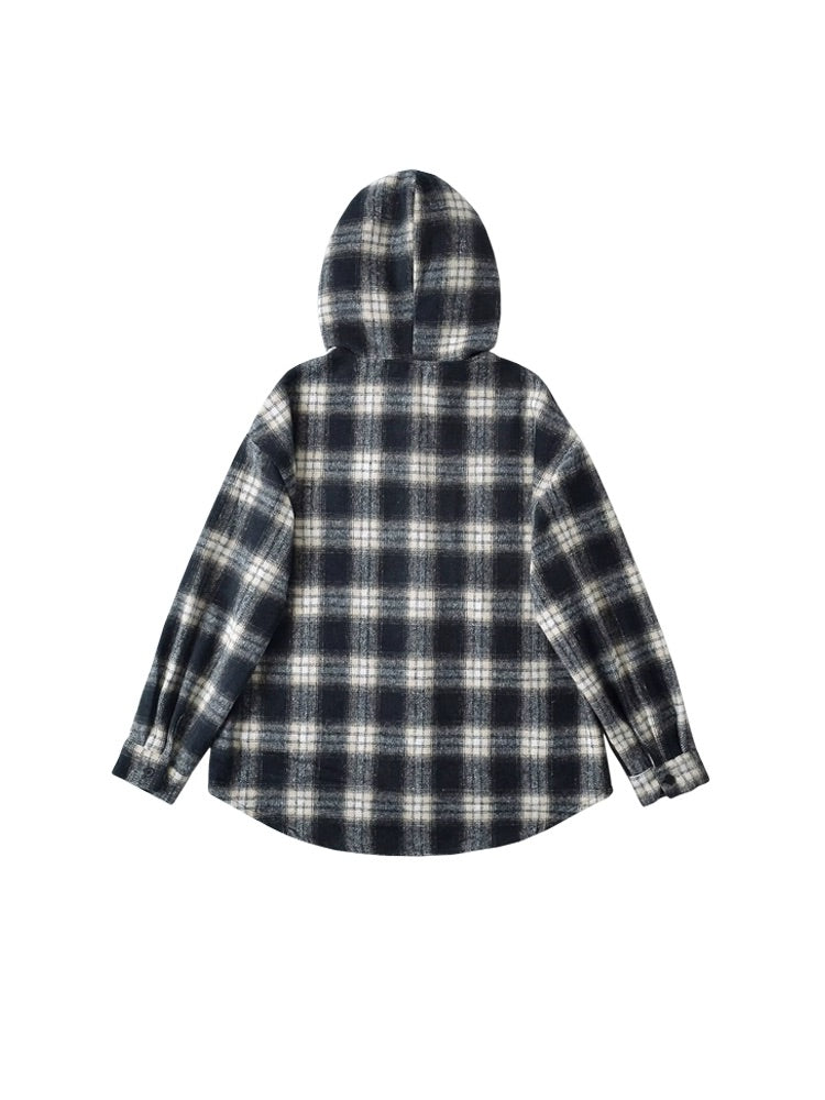Black And Beige Plaid Hooded Jacket