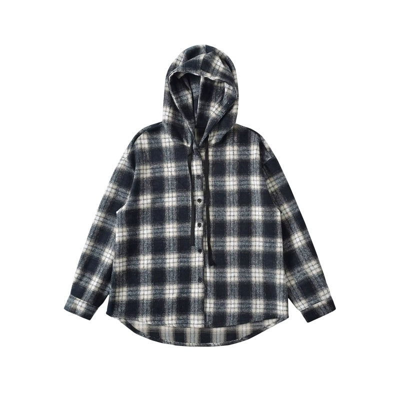 Black And Beige Plaid Hooded Jacket