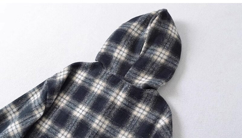 Black And Beige Plaid Hooded Jacket