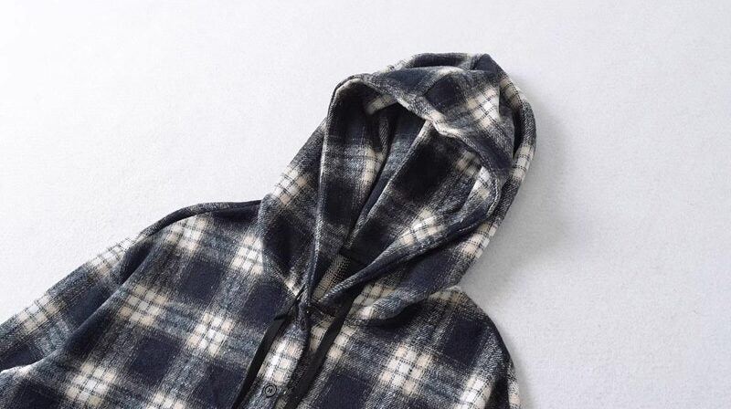 Black And Beige Plaid Hooded Jacket