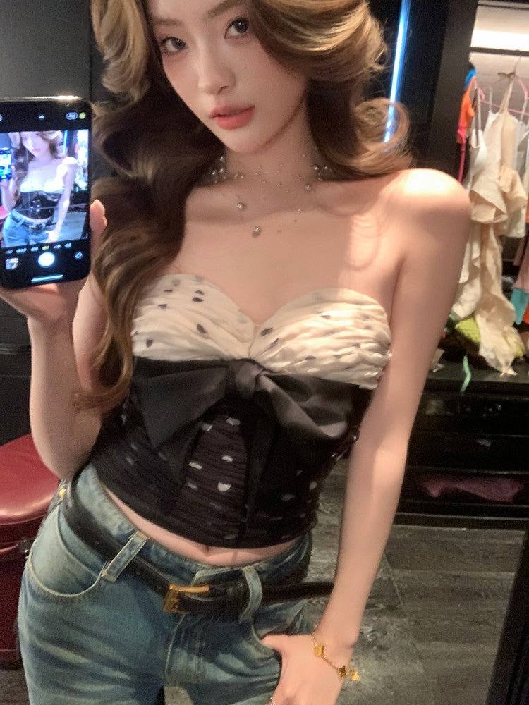 Black And White Polka Dots Bow Bustier Tube Top