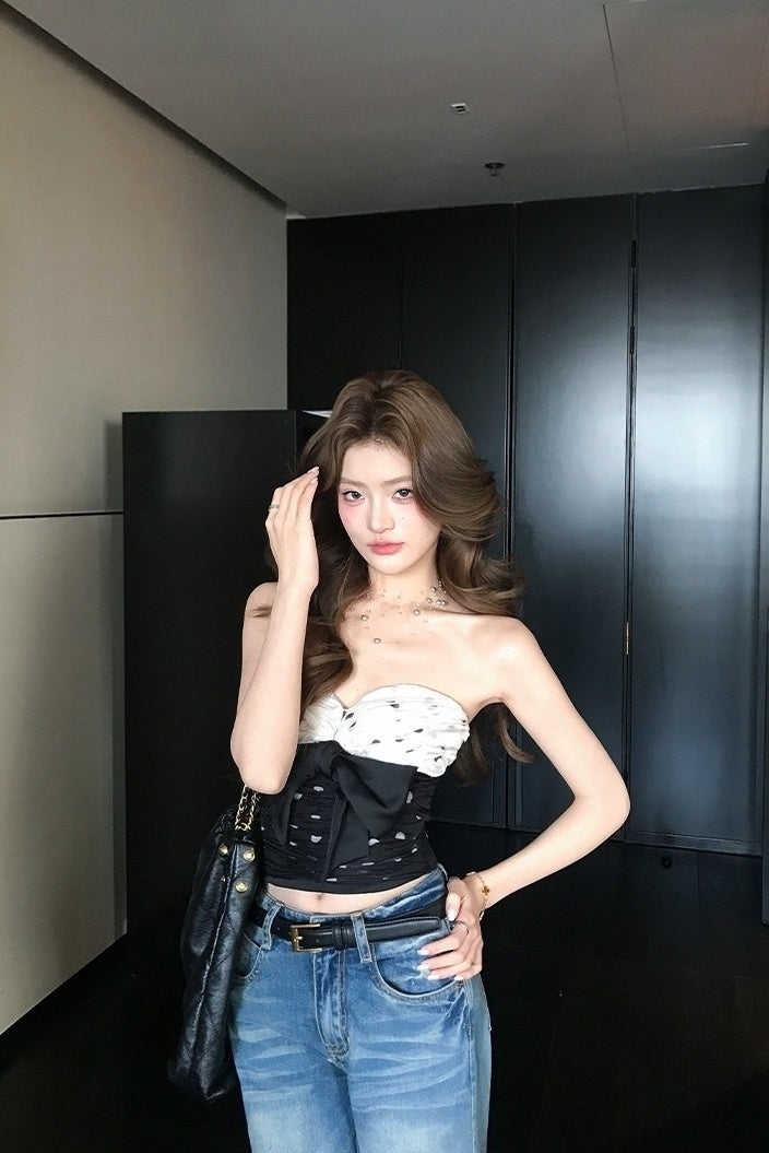 Black And White Polka Dots Bow Bustier Tube Top