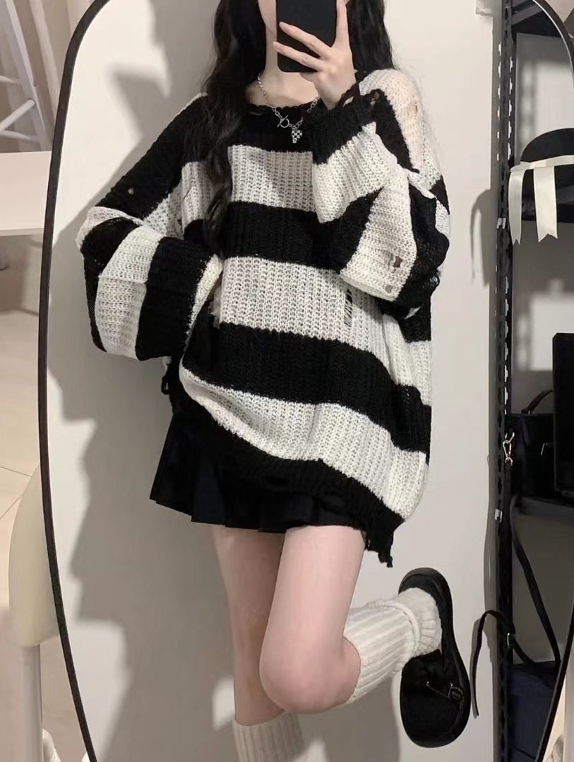 Black And White Striped Distressed Knit Sweater